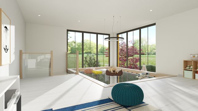 3D rendering of a 4 bedroom house with a mezzanine extension