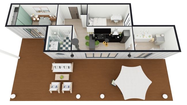 shipping container homes - 3D floor plan by Cedreo