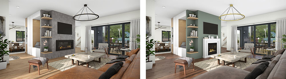 Multiple options living room 3D renderings before after