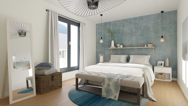 Renderizado 3D de un pequeño dormitorio en tonos azules con Cedreo