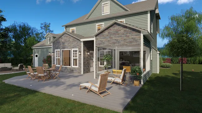 3D render of a colonial house with a '-season sunroom designed with Cedreo