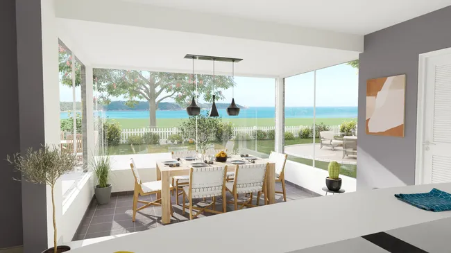 3D render of a dining room in a sunroom designed with Cedreo