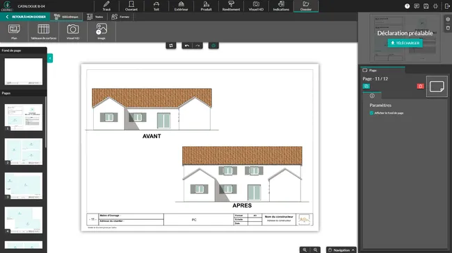 Capture d'écran Cedreo avec page de permis de construire présentant les plans de façades avant / après surélévation