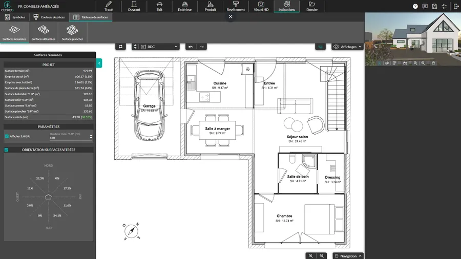 Capture d'écran du logiciel Cedreo avec mise en valeur du calcul automatique des surfaces d'un projet de maison
