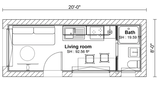 2D floor plan of a 20 feet container house by Cedreo