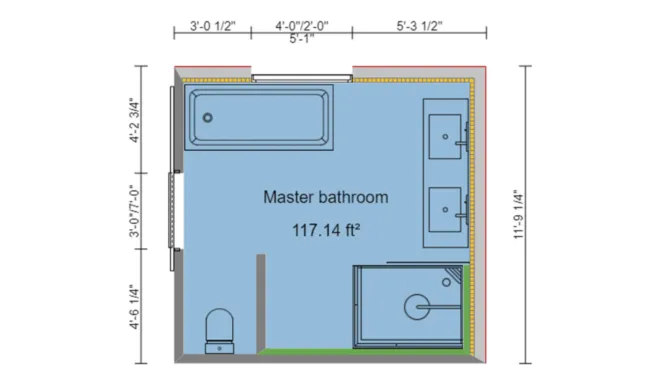 Bathroom 2D florr plan with symbols and blue background created with Cedreo