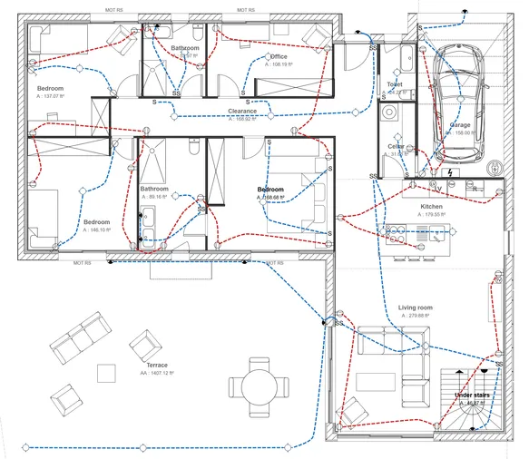 groundfloor electrical plan of a 4-bed house generated with Cedreo
