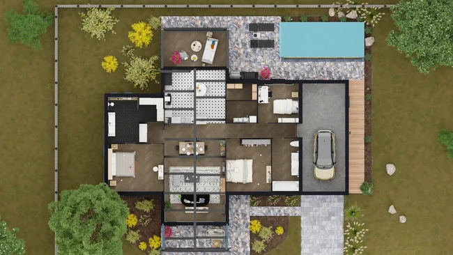 3D floor plan of a ranch house with a living room addition by Cedreo