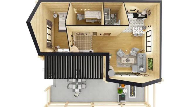 3D floor plan of a tiny logcabin by Cedreo