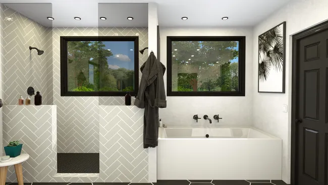 3D render of a bathroom with separate zones for tub and shower by Cedreo