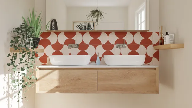 3D render of a bathroom with dual vanities and personalized storage by Cedreo