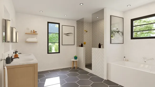 3D render of a bathroom with mixing metal finishes by Cedreo