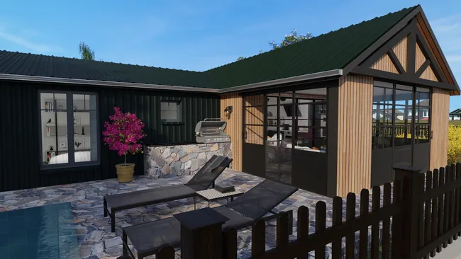 3D render of a ranch house with an addition construction by Cedreo