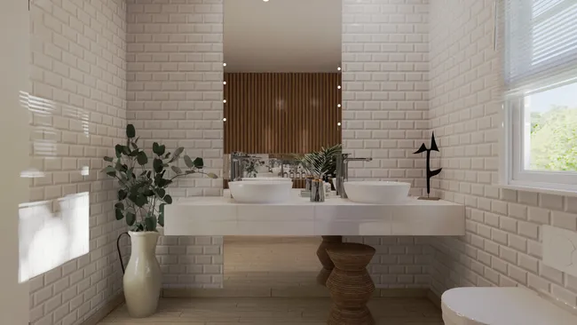3D render of a small bathroom with a large mirror by Cedreo