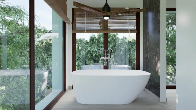 3D render of a bathroom with a freestanding tub with view by Cedreo