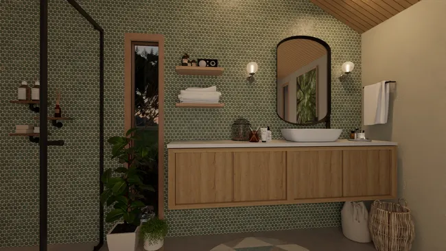 3D render of a bathroom with floating vanity by Cedreo