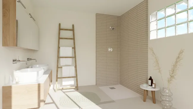 3D render of a japandi bathroom style created with Cedreo