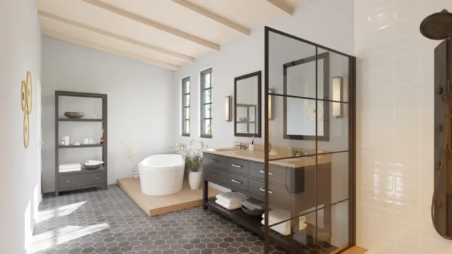 Render 3D de un cuarto de baño con ducha y bañera, creado con Cedreo.