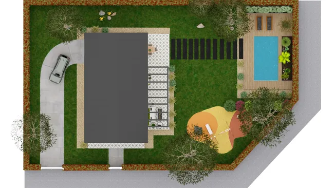 Bird's eye view of a terrain design by Cedreo