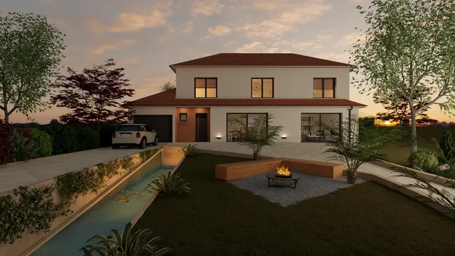 3D render of a house with a pond by Cedreo