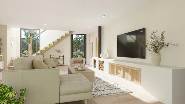 3D render of a livingroom with large windows created with Cedreo