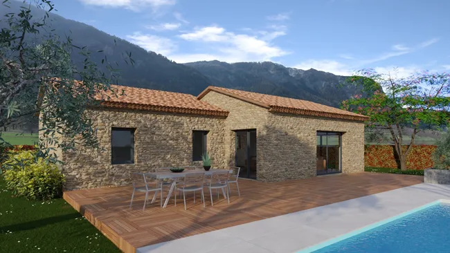 Renderización 3D de una casa con fachada clásica de piedra realizada por cedreo.