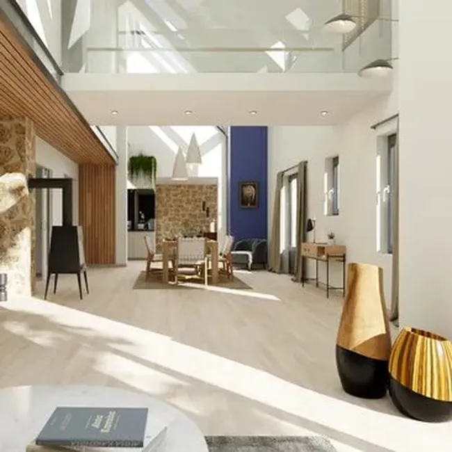 Renderización 3D de un salón-comedor moderno realizado con Cedreo