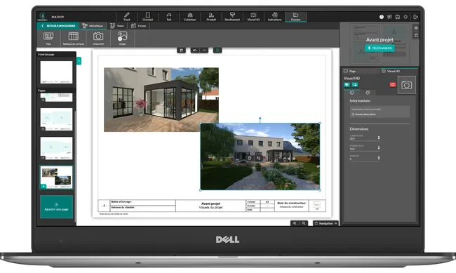 interface logiciel Cedreo création de document de présentation pour une extension véranda