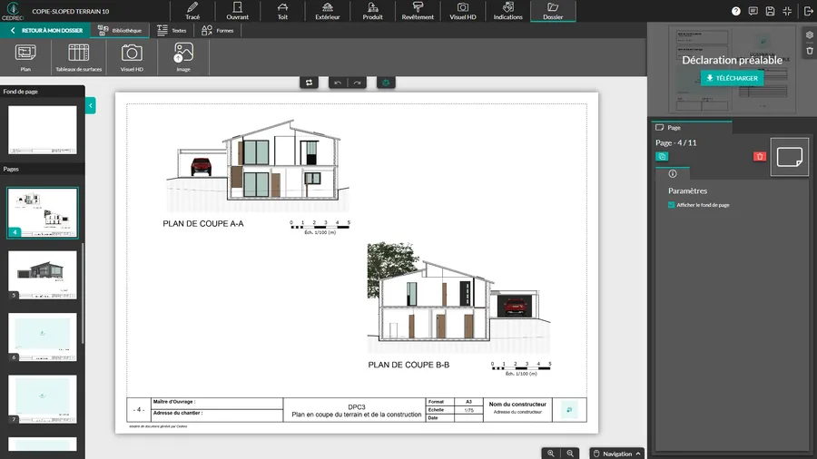 interface logiciel Cedreo pour création des plans de coupes pour les dossiers d'urbanisme