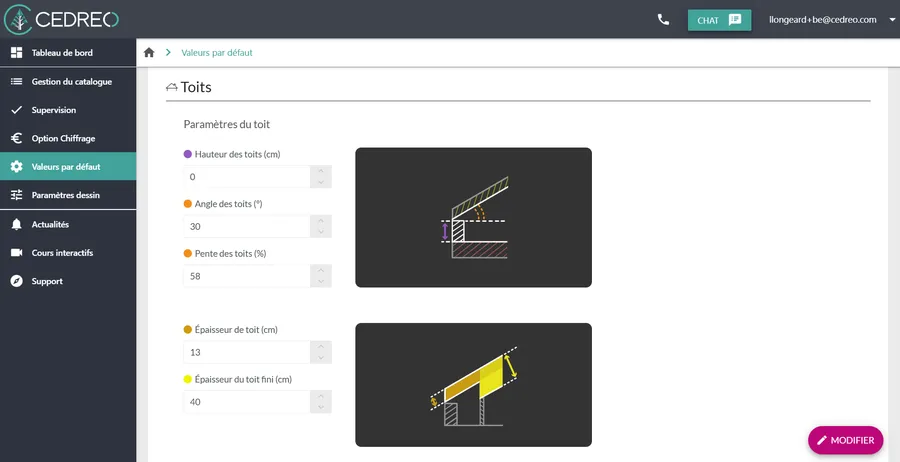 Capture d'écran Cedreo valeurs par défaut