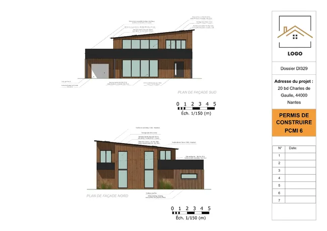 Exemple de la page plans de façade d'un permis de construire pour une construction neuve réalisé avec Cedreo