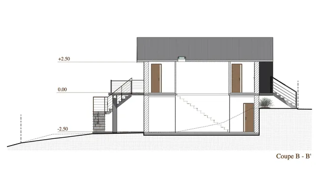 Plan de coupe d'une maison sur terrain en pente réalisé avec Cedreo