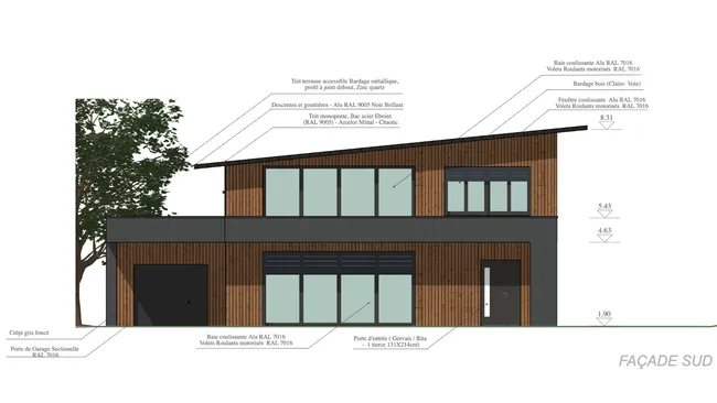 plan de facade d'une maison moderne en bois réalisé avec Cedreo