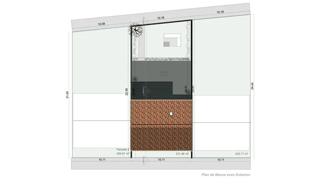 Plan de masse projeté avec extension véranda réalisé avec Cedreo