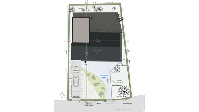 Plan de masse d'une maison avec agrandissement réalisé avec Cedreo