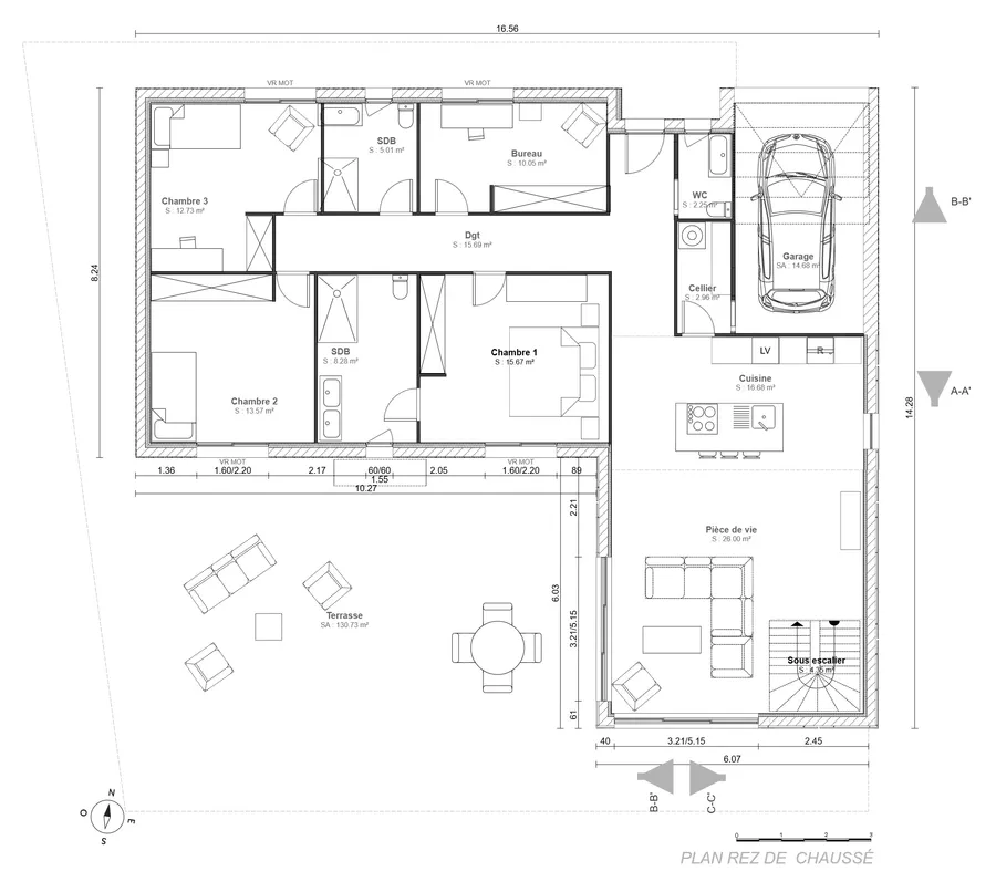 Plan de niveau du rdc d'une maison en L avec composition des murs