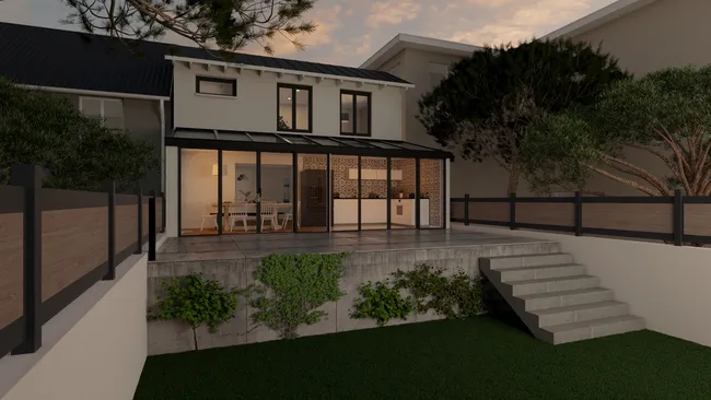 rendu 3D d'une maison traditionnelle de nuit avec une extension en verrière réalisé avec Cedreo