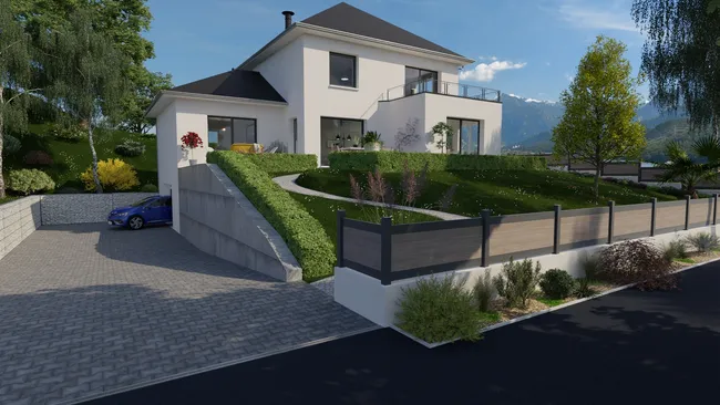 Rendu 3D d'une maison sur terrain en pente avec extension de garage en demi niveau réalisé avec Cedreo