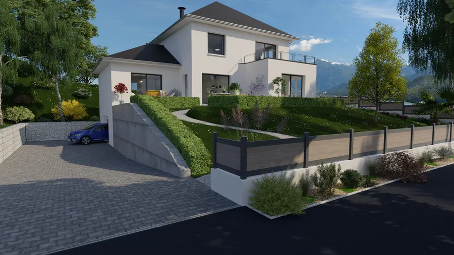 Rendu 3D d'une extension au dessus d'un garage semi-enterré réalisé avec Cedreo