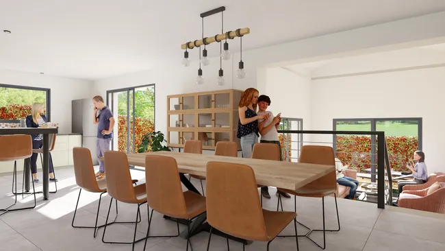 Rendu 3d d'une pièce de vie avec personnages créé avec Cedreo