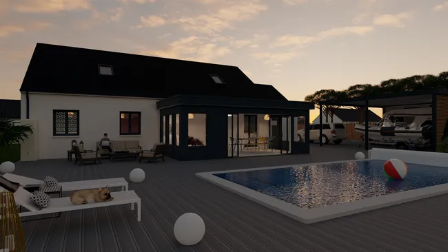 Rendu 3D d'une maison contemporaine avec une véranda réalisé avec Cedreo