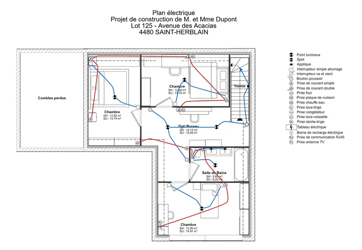 plan électriqued'un étage d'une maison moderne réalisé avec Cedreo