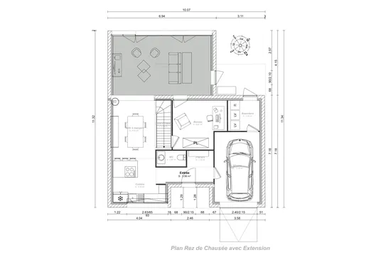 Plan 2D d'une maison mitoyenne de ville avec extension