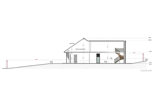 Plan de coupe annoté d'une maison avec étage sous combles réalisé avec Cedreo