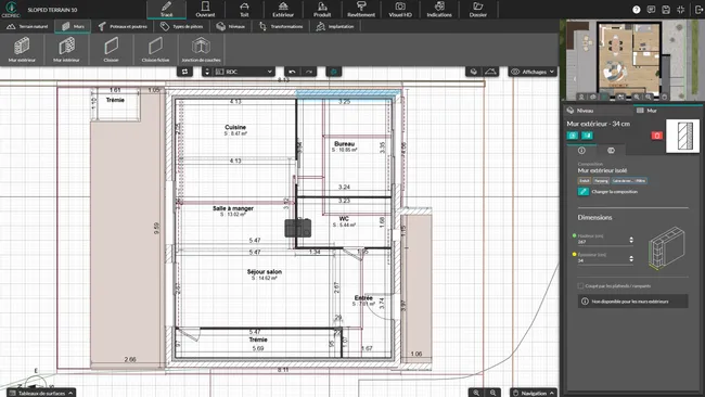 Capture d'écran de l'étape tracé logiciel Cedreo - tracé des murs