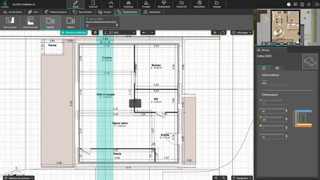 Capture d'écran de l'étape tracé logiciel Cedreo - option agrandissement