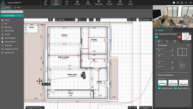 Capture d'écran de l'étape ouvrants logiciel Cedreo - option personnalisation des ouvrants