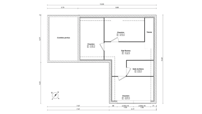 Plan 2D d'un étage sous combles avec composition des murs, surfaces, noms des pièces et limite de hauteur des 1,80m réalisé avec Cedreo