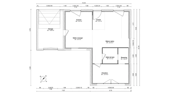 Plan 2D d'un rez de chaussé avec composition des murs réalisé avec Cedreo