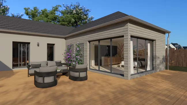 Rendu 3D d'une extension en L réalisé avec Cedreo